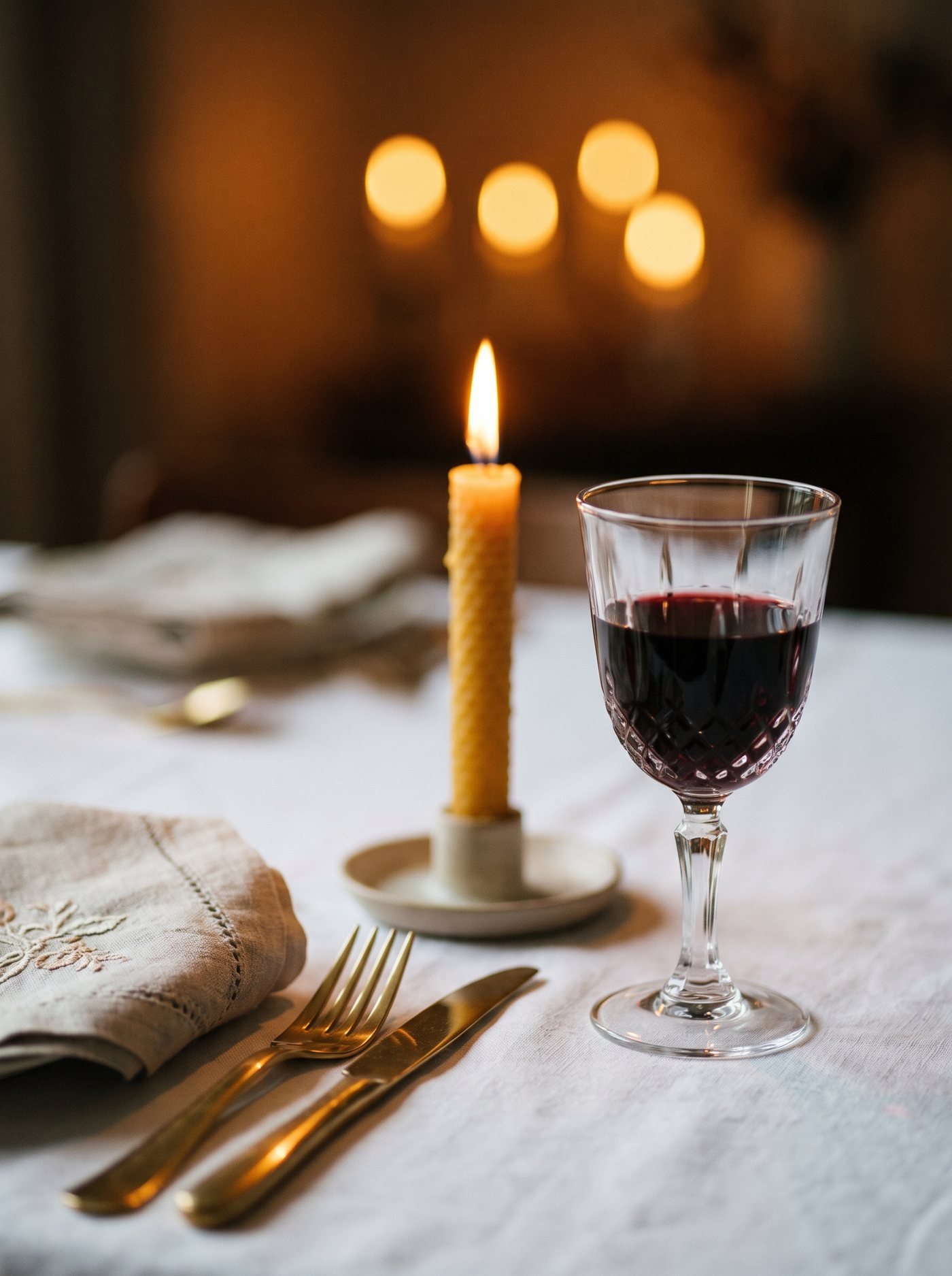 Elegant gedeckter Tisch mit Kerze und Glas Rotwein